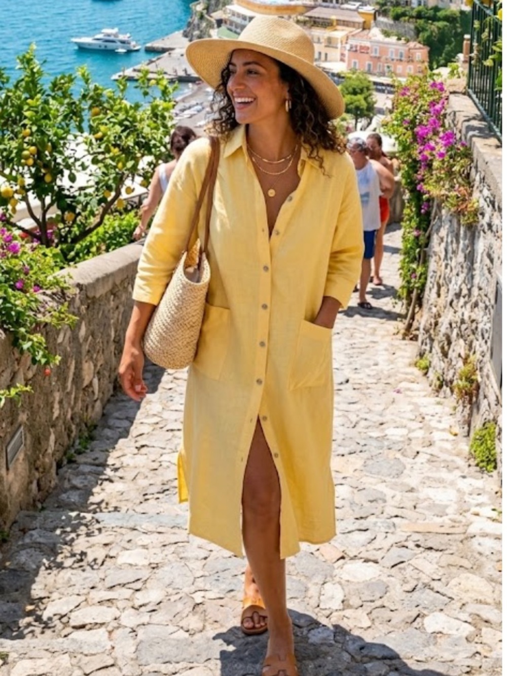 Pure Jill 100% yellow linen dress with 3/4 sleeves